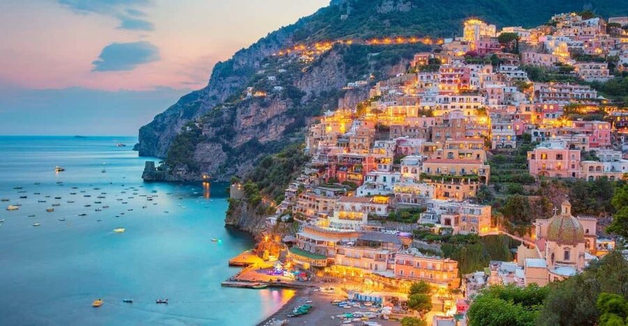Positano at dusk on the Amalfi Coast, south of Naples